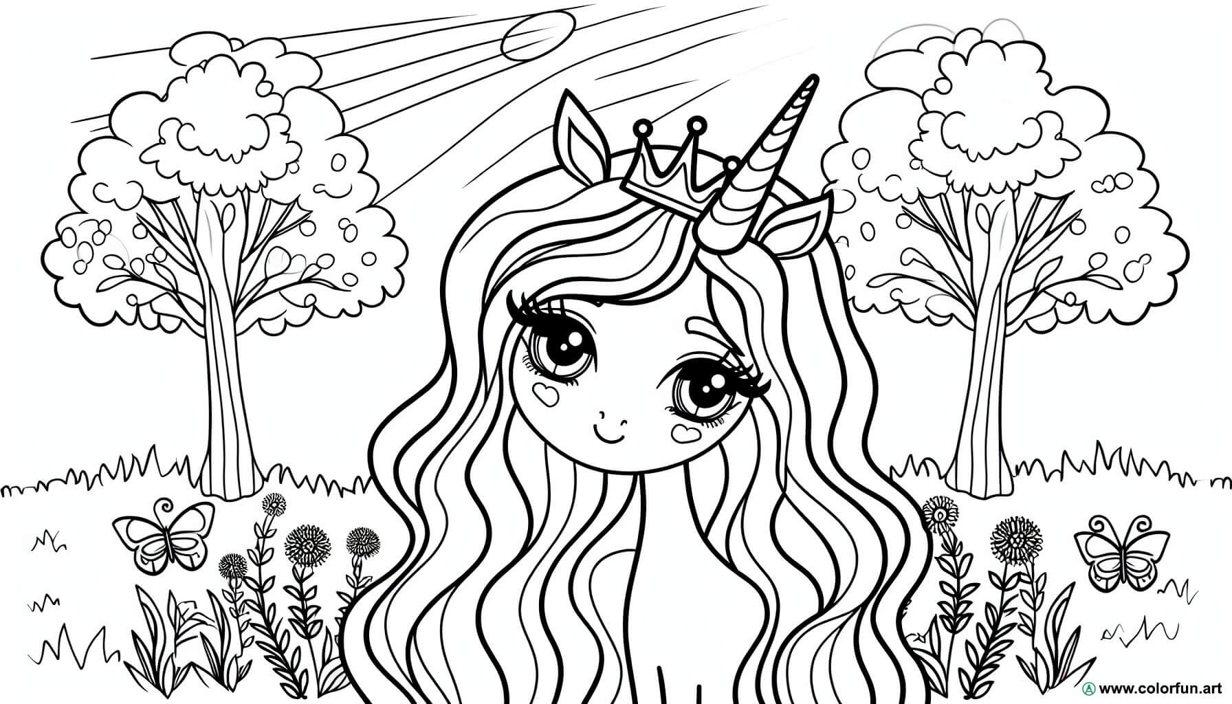 dibujo para colorear princesa unicornio en el bosque
