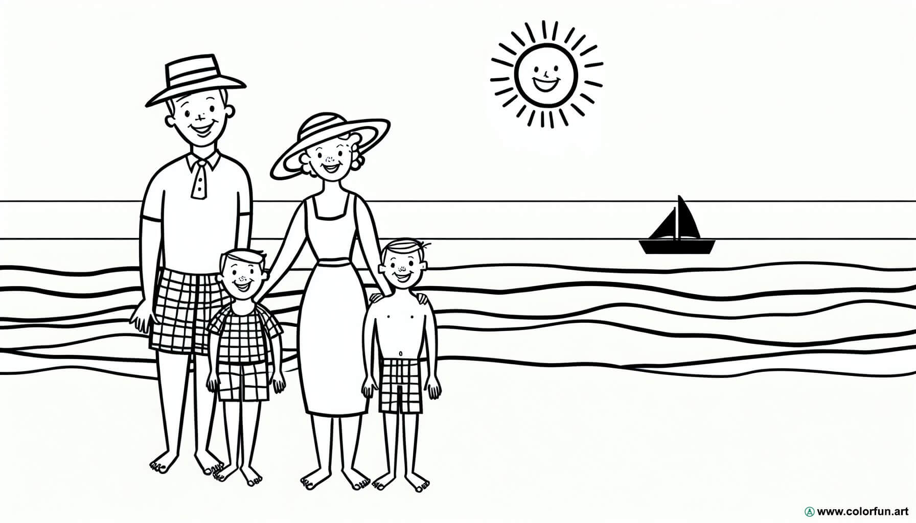 dibujo para colorear familia en la playa
