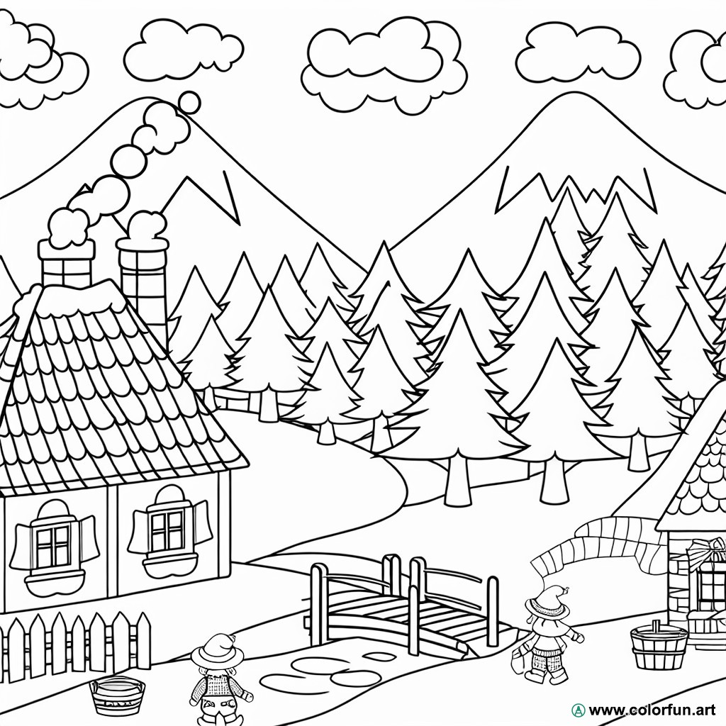 dibujo para colorear pueblo montaña