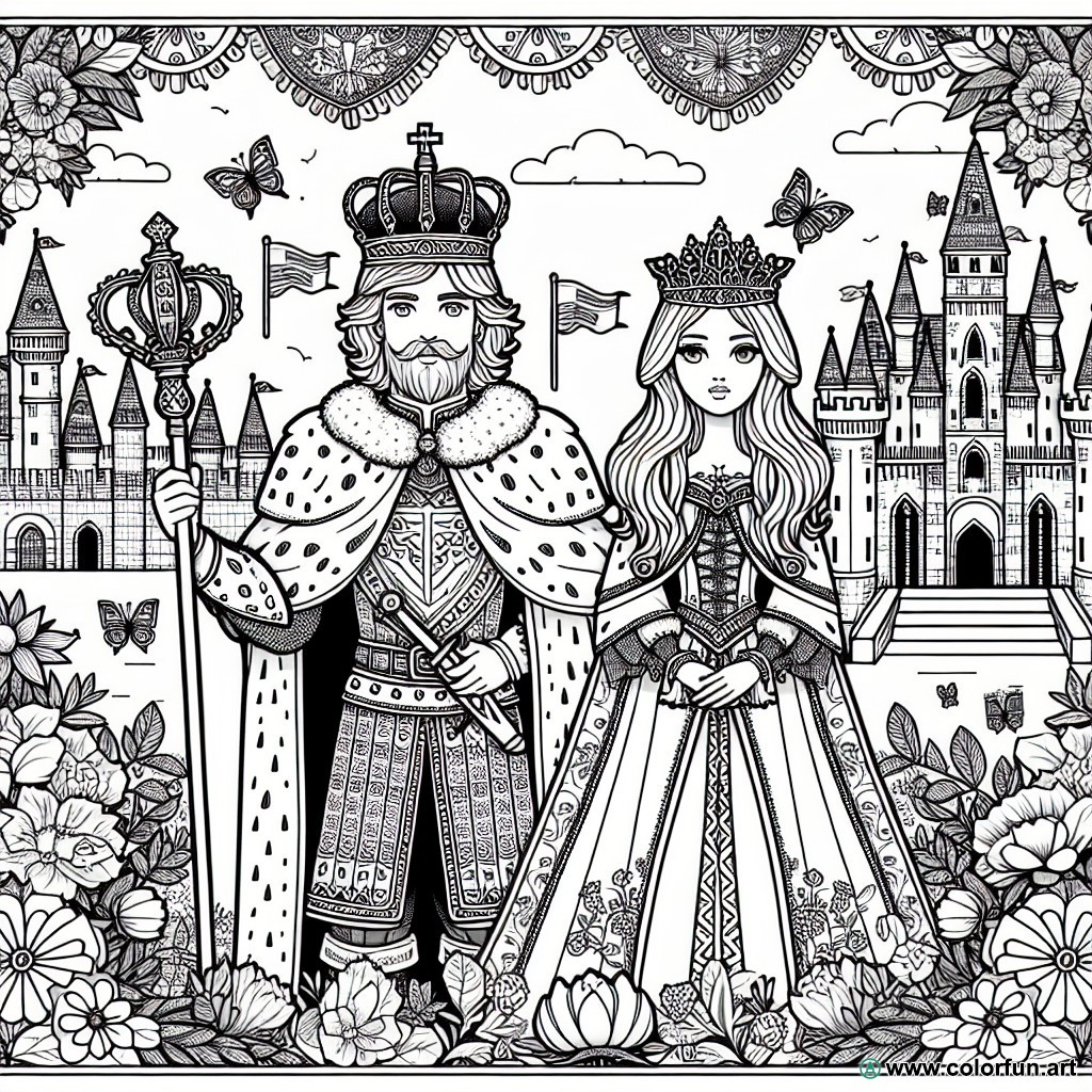 dibujo para colorear reina y rey medieval