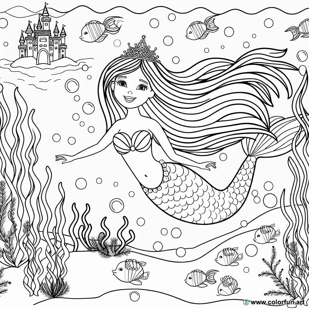 dibujo para colorear princesa sirena bajo el agua