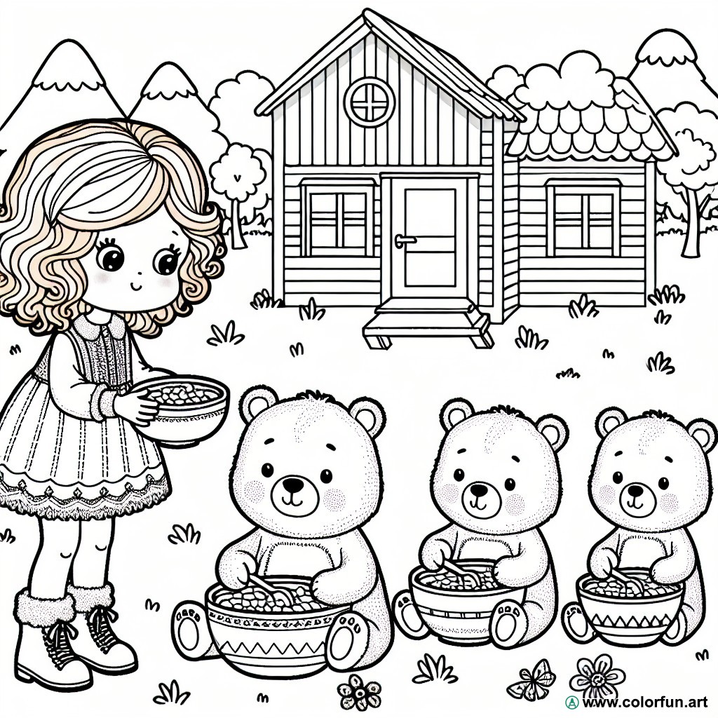 dibujo para colorear Ricitos de Oro y los tres osos