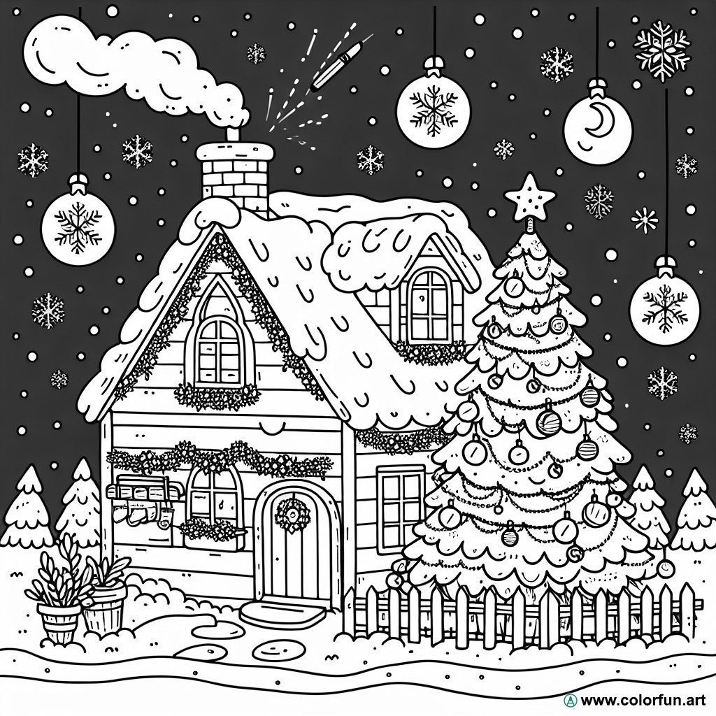 dibujo para colorear casa navidad pueblo