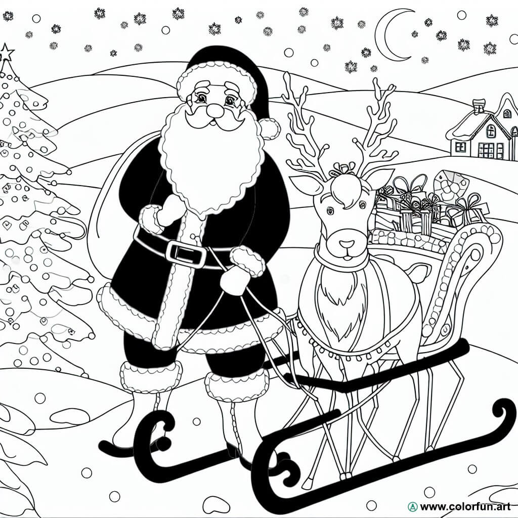 dibujo para colorear de Papá Noel con renos