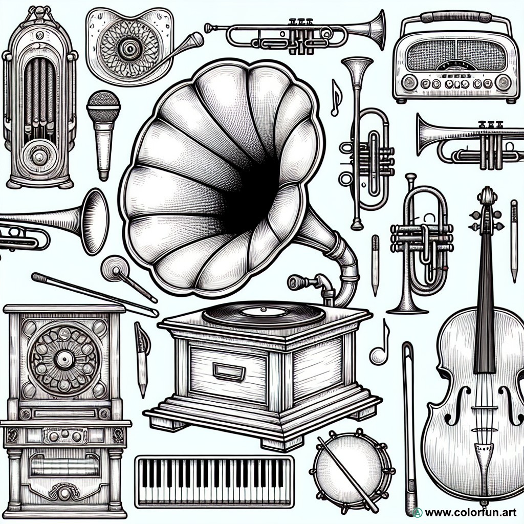 dibujo para colorear instrumentos de música vintage