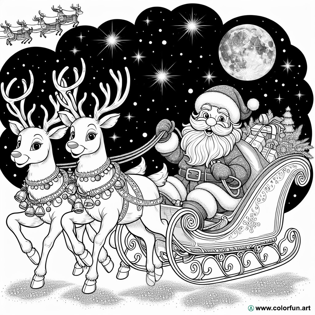 dibujo para colorear de Papá Noel con sus renos