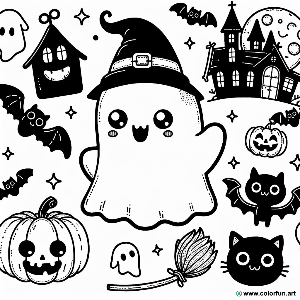 dibujo para colorear de Halloween kawaii espeluznante