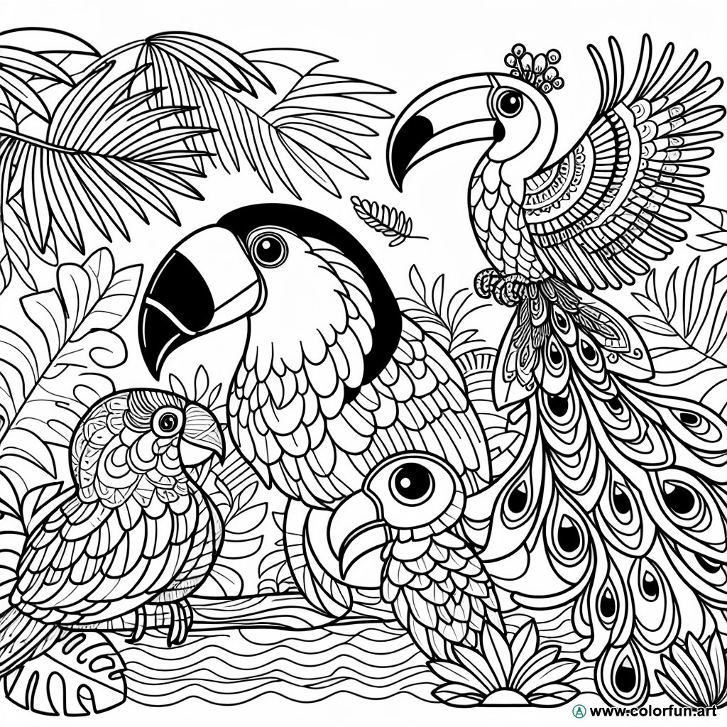 dibujo para colorear plumas animales exóticos