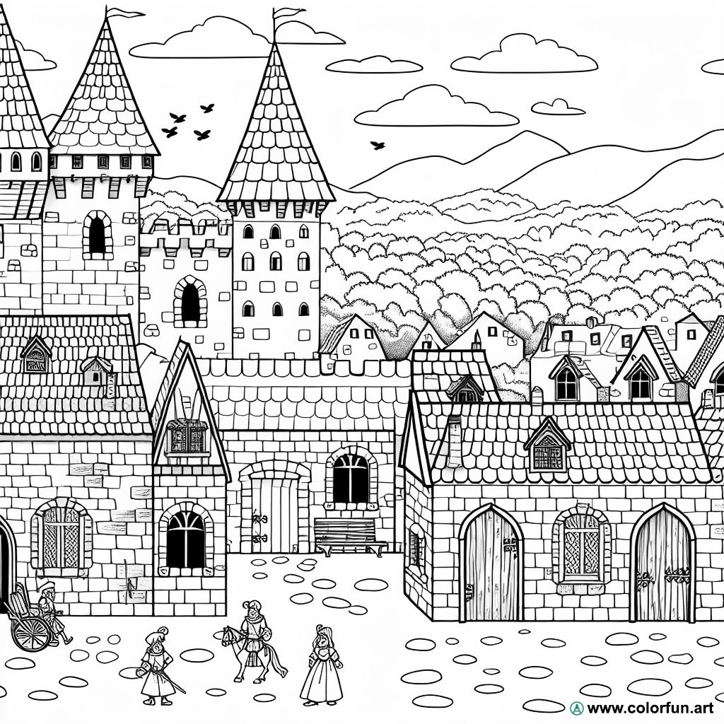 dibujo para colorear pueblo medieval