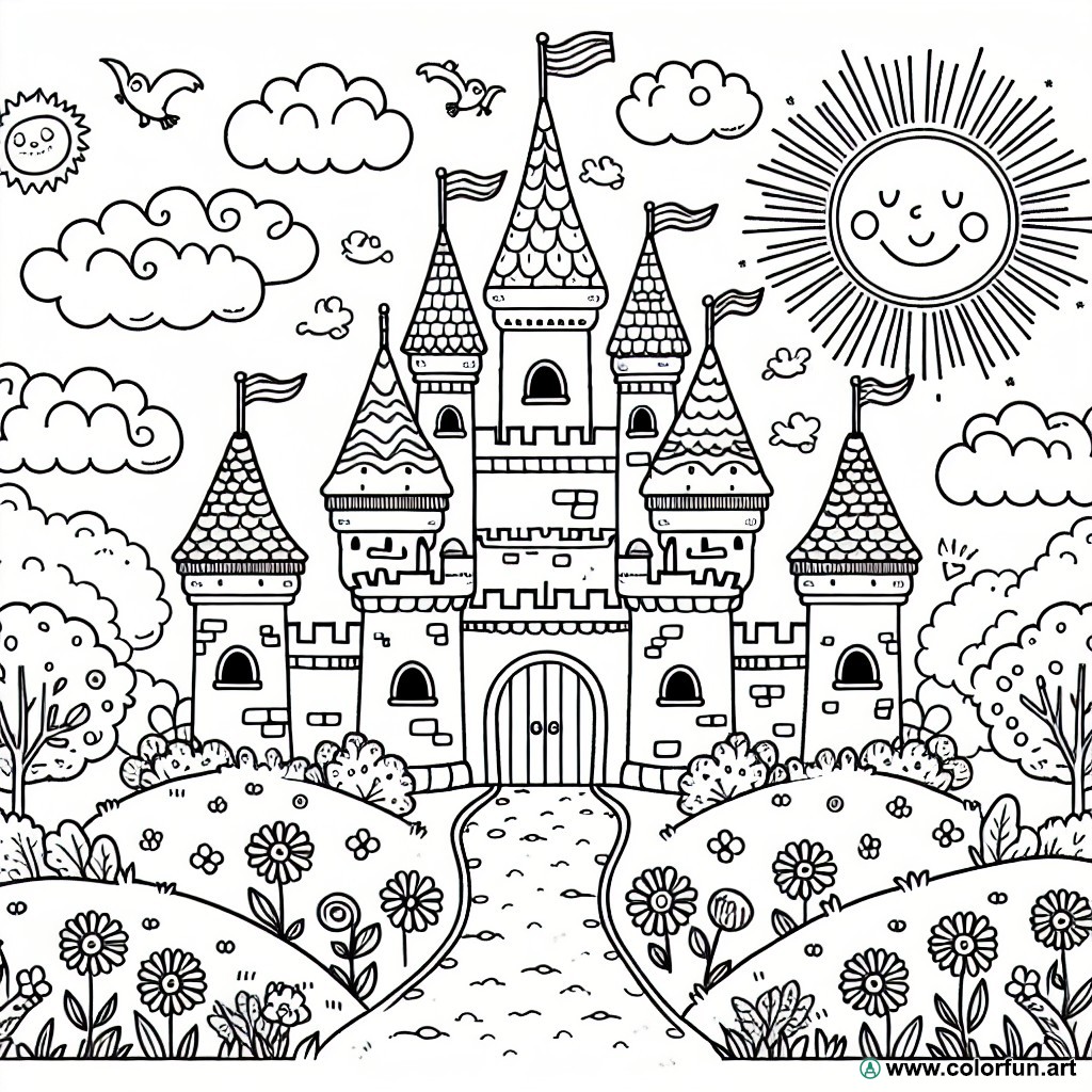 dibujo para colorear castillo princesa fácil