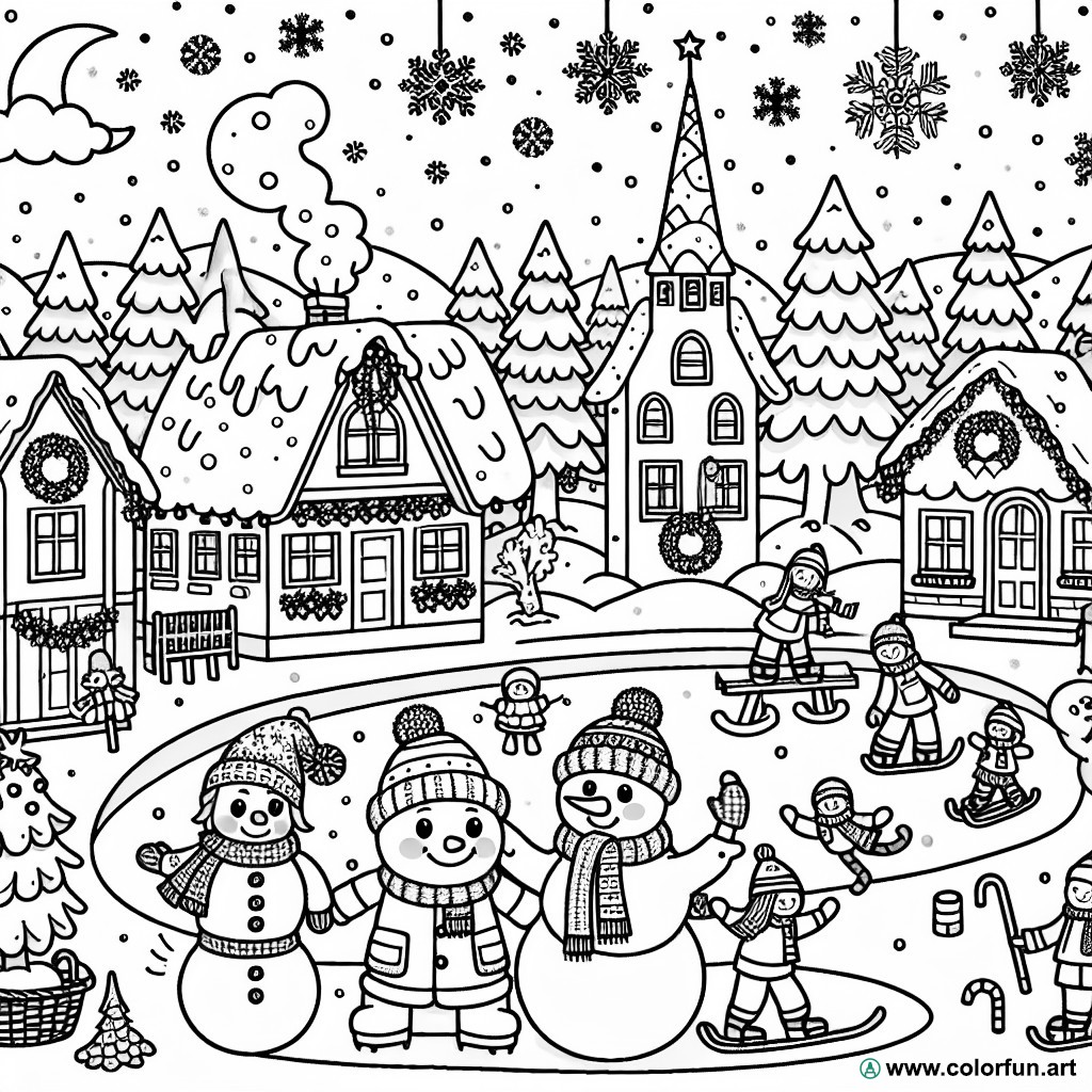 dibujo para colorear pueblo invierno