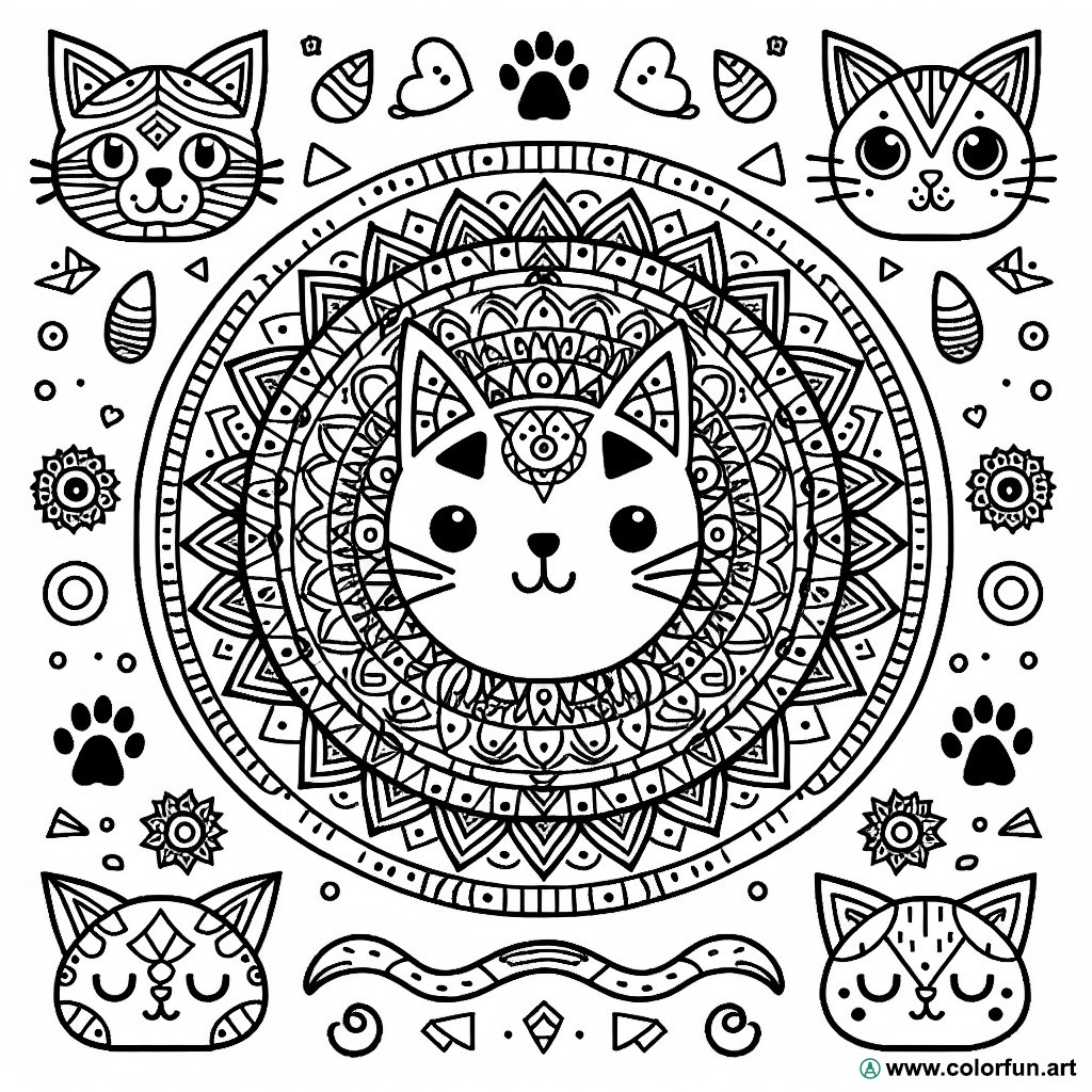dibujo para colorear mandala gato fácil