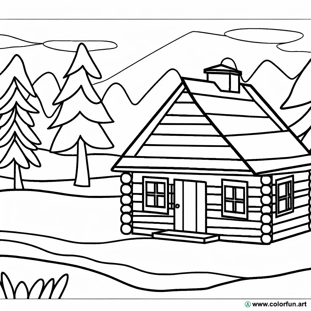 dibujo para colorear cabaña paisaje