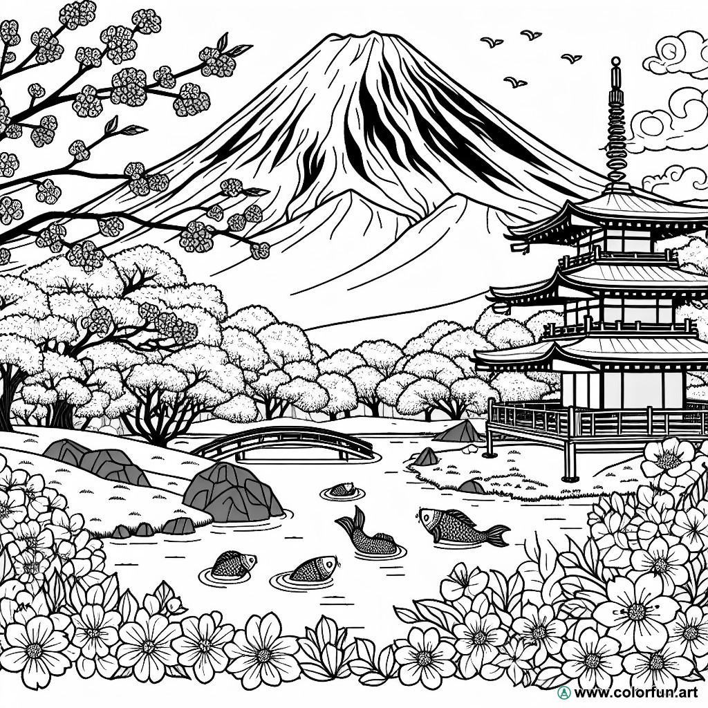 dibujo para colorear paisaje japonés