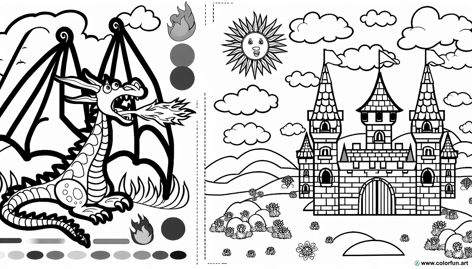 dibujo para colorear dragón castillo fortaleza