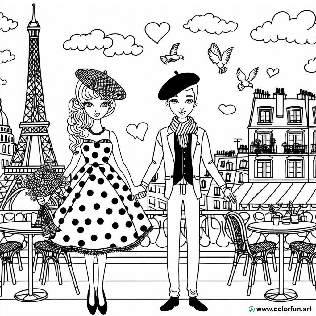 dibujo para colorear pareja enamorada en París