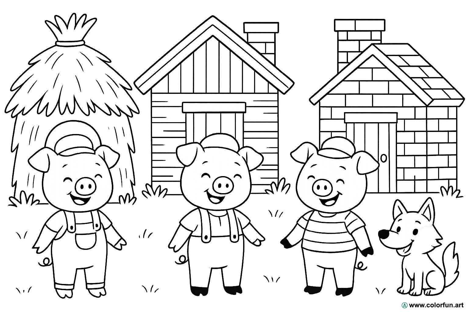 Dibujo para colorear original de los tres cerditos Descargar o Imprimir