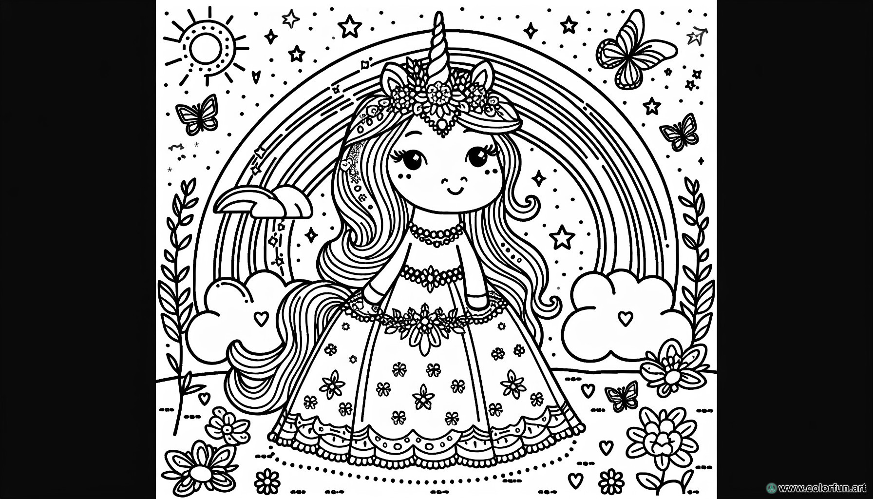 dibujo para colorear princesa unicornio arcoíris