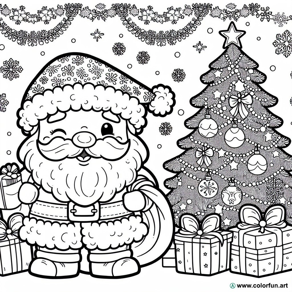 dibujo para colorear Papá Noel árbol regalos