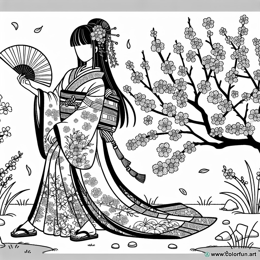 dibujo para colorear kimono japonés