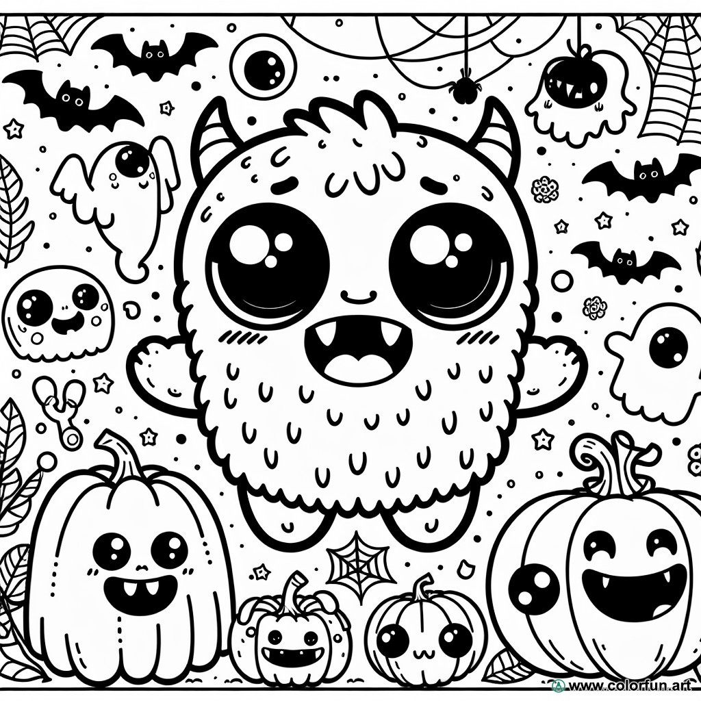 dibujo para colorear de Halloween monstruo kawaii
