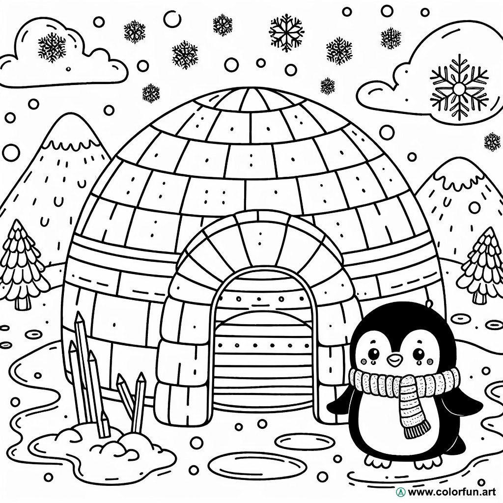 dibujo para colorear iglú pingüino