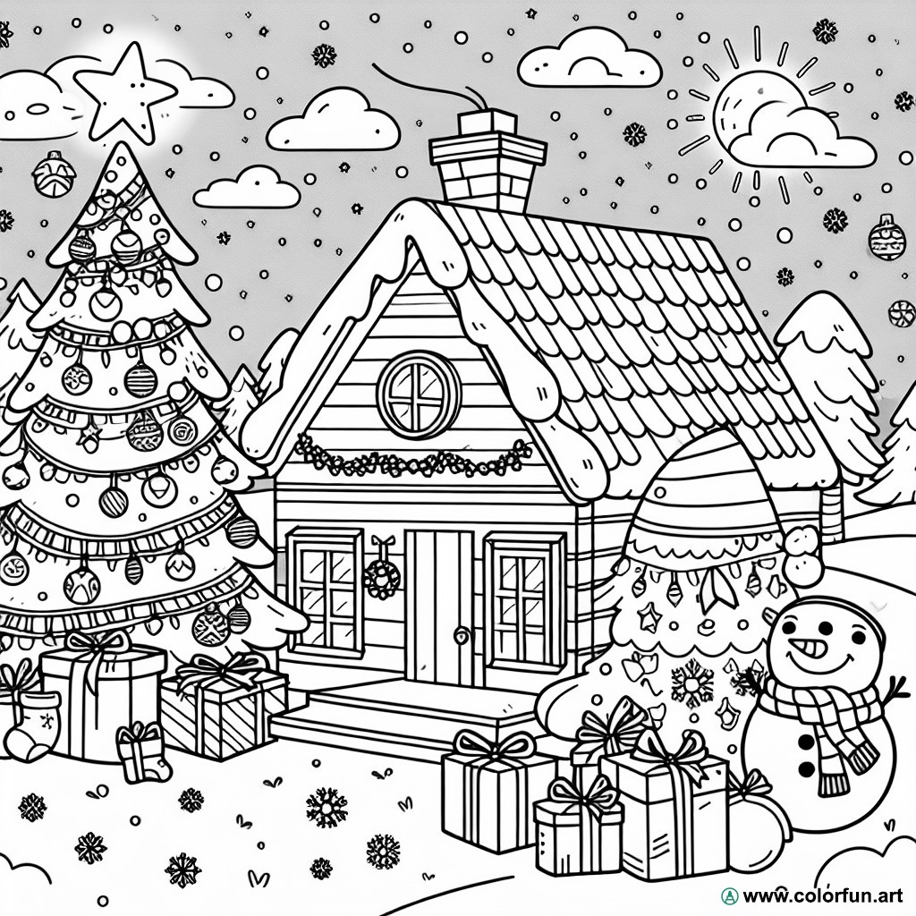 dibujo para colorear casa navidad árbol