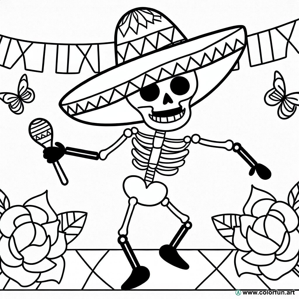 dibujo para colorear esqueleto mexicano