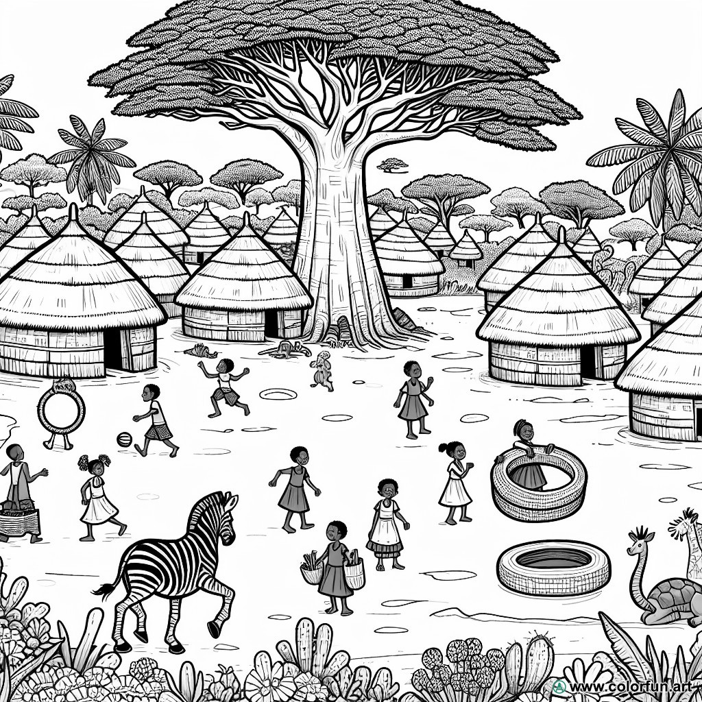 dibujo para colorear aldea africana