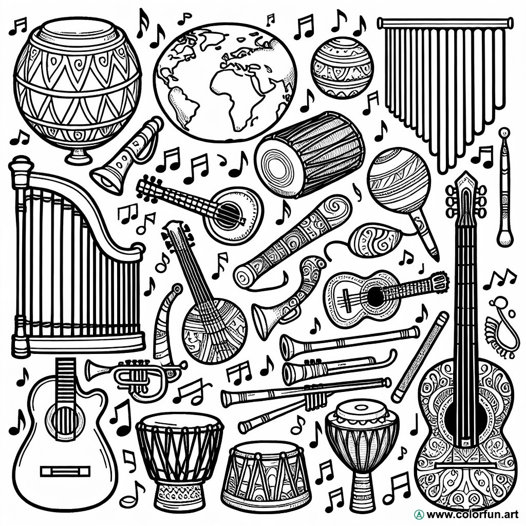 dibujo para colorear instrumentos de música del mundo