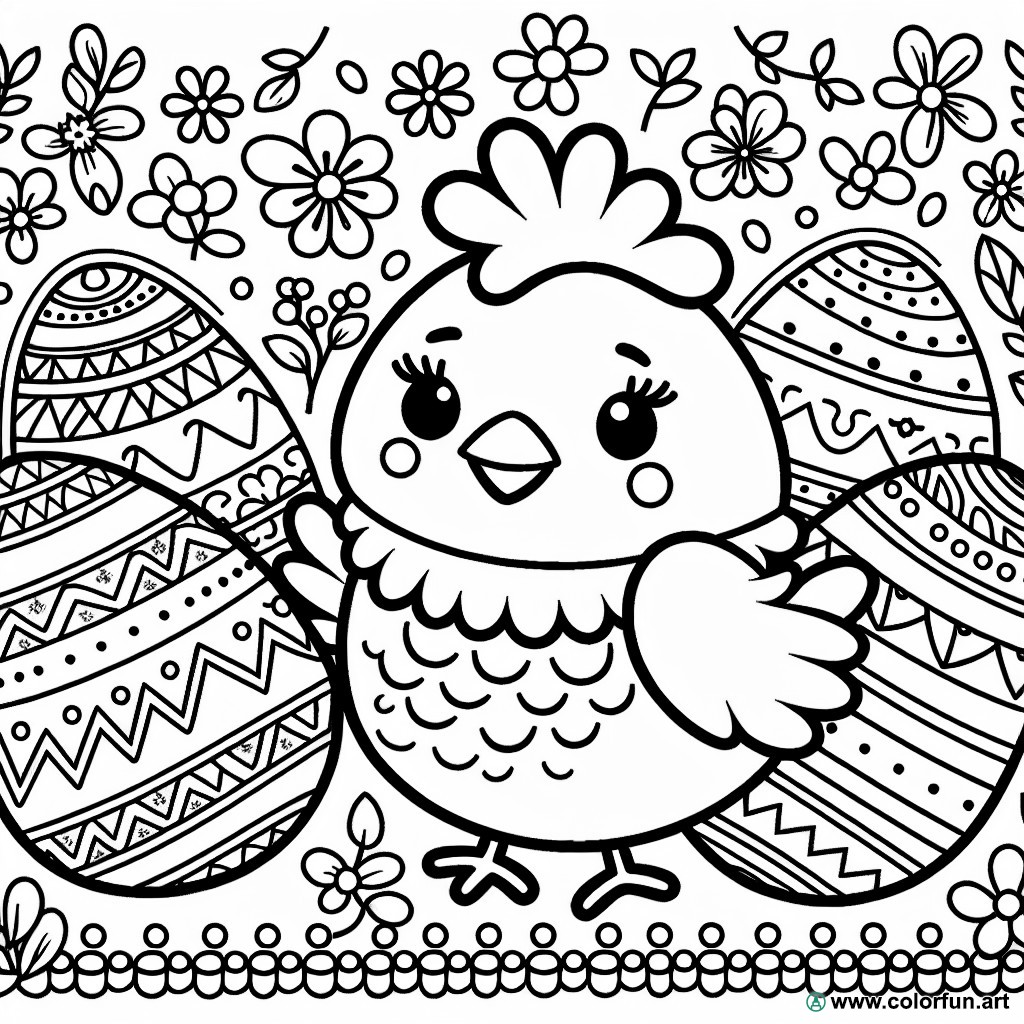 dibujo para colorear gallina y huevos de Pascua