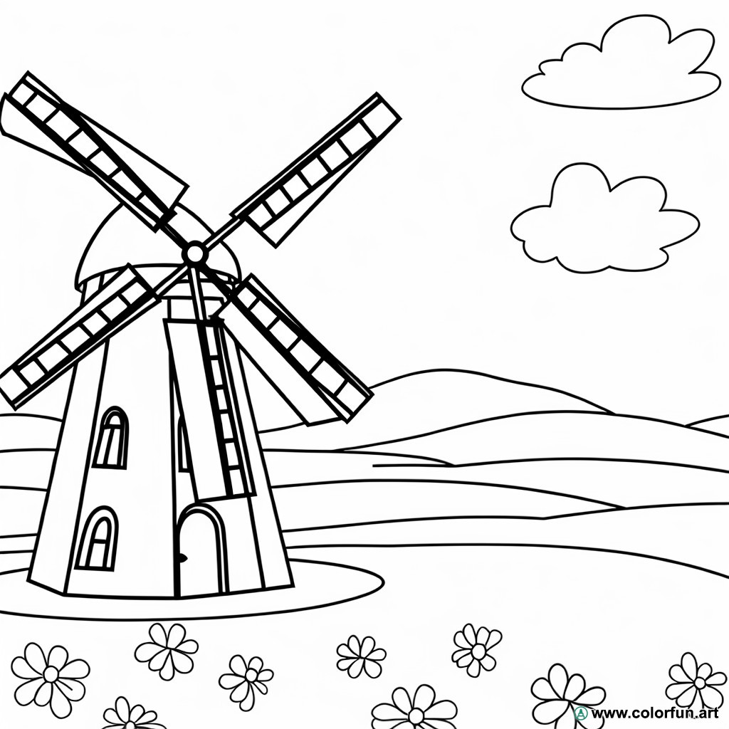 dibujo para colorear paisaje molino de viento