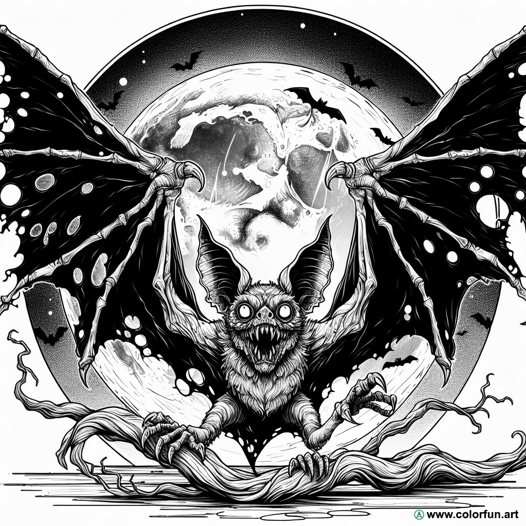 dibujo para colorear de murciélago aterrador de Halloween