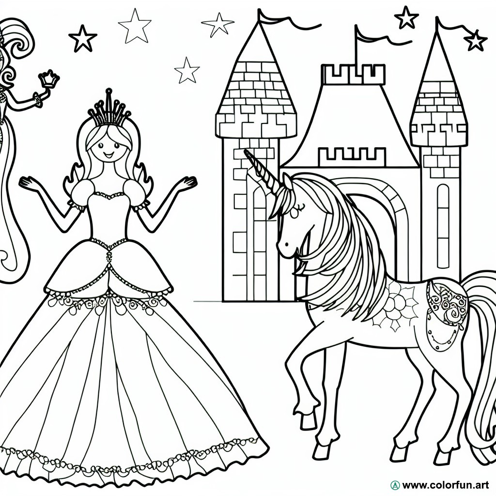 dibujo para colorear princesa unicornio castillo
