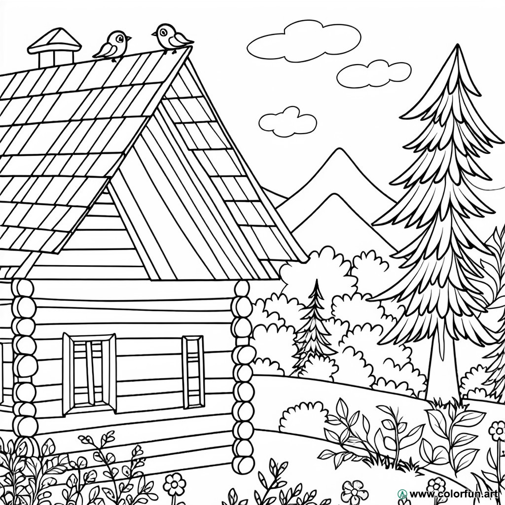 dibujo para colorear cabaña en el bosque