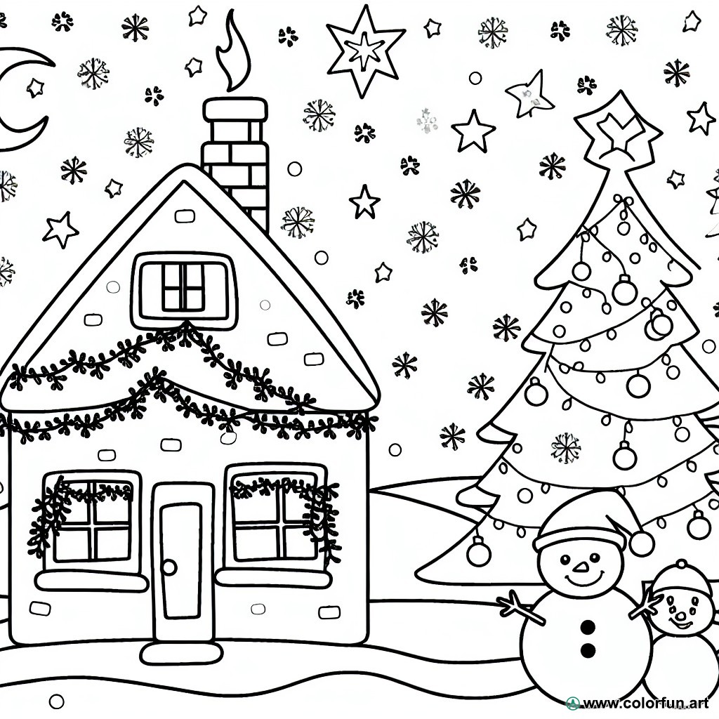 dibujo para colorear casa navideña chimenea